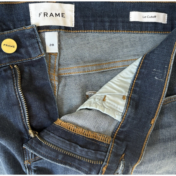 FRAME Le Cutoff Denim Shorts Dark Wash Jeans Raw Hem Mid Rise Nordstrom Size 28 - Picture 3 of 10